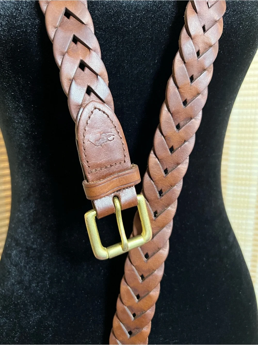 Vintage Ralph Lauren Braided Leather Belt Brown Solid Brass Buckle Size 36 Polo